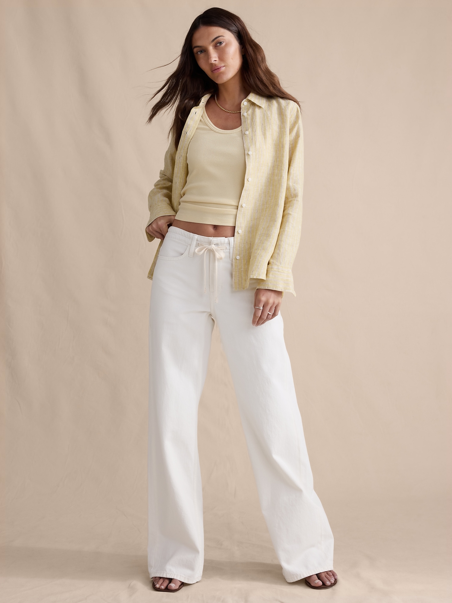 Image number 1 showing, Mid-Rise Wide-Leg Drawstring Jean