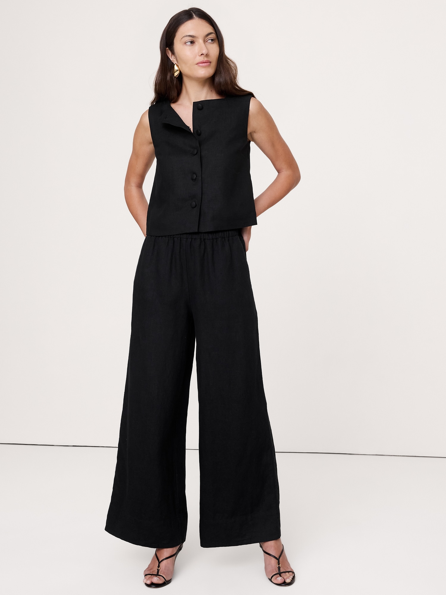 Image number 1 showing, High-Rise Wide-Leg Linen Pull-On Ankle Pant