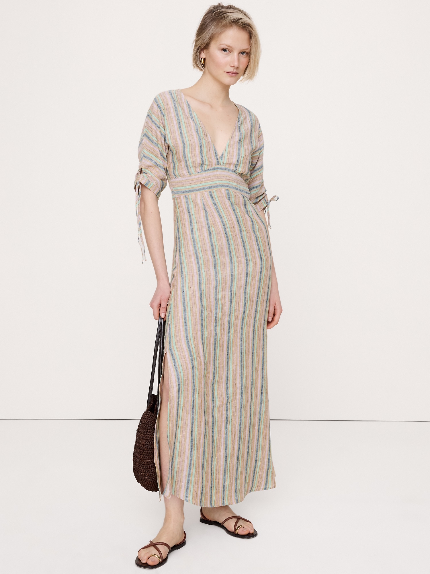 Image number 1 showing, Linen Tie-Sleeve Midi Dress