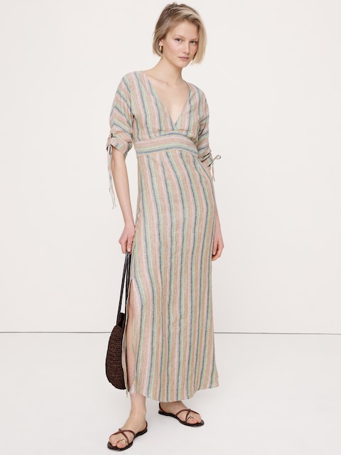 Linen Tie-Sleeve Midi Dress