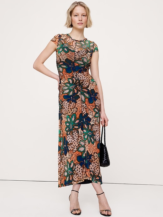 Ruched Mesh Short-Sleeve Midi Dress | Banana Republic Ruched Mesh Short-Sleeve Midi Dress | Banana Republic