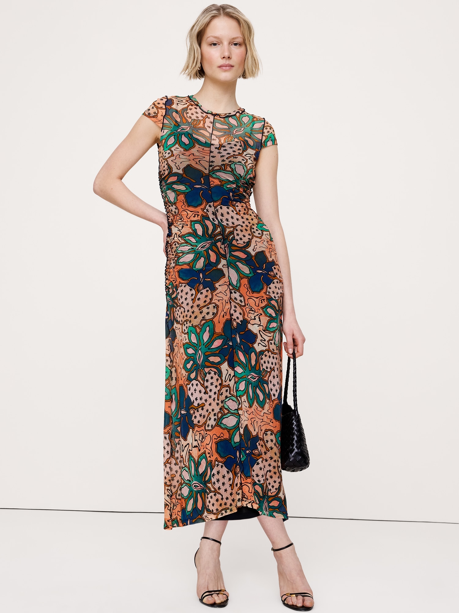 Image number 1 showing, Ruched Mesh Short-Sleeve Midi Dress