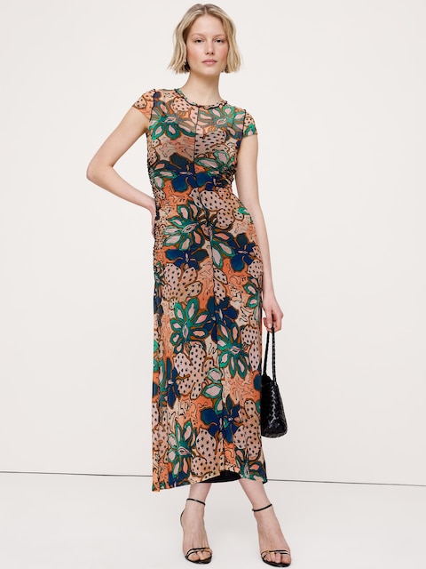 Ruched Mesh Short-Sleeve Midi Dress