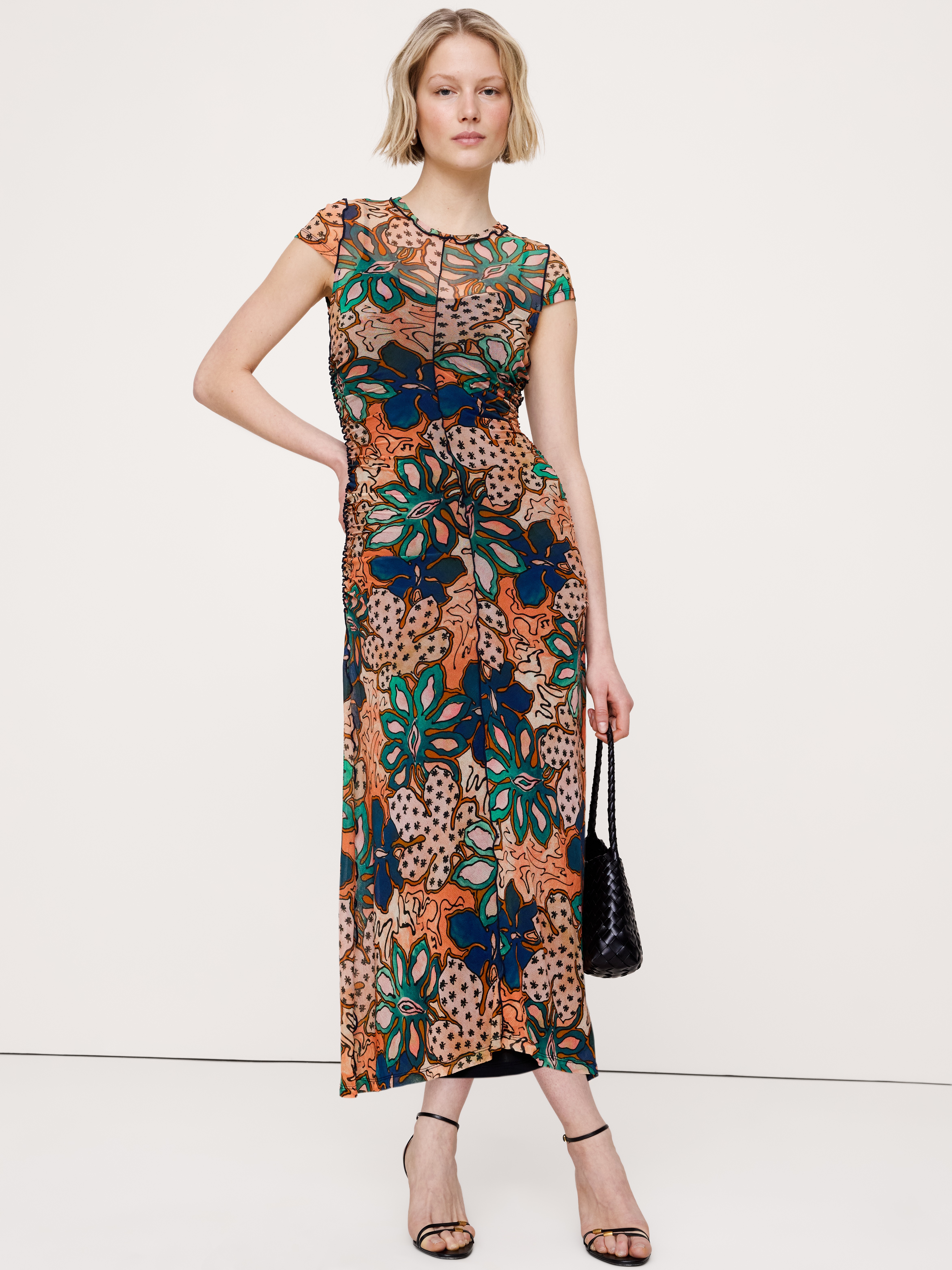 Ruched Mesh Short-Sleeve Midi Dress