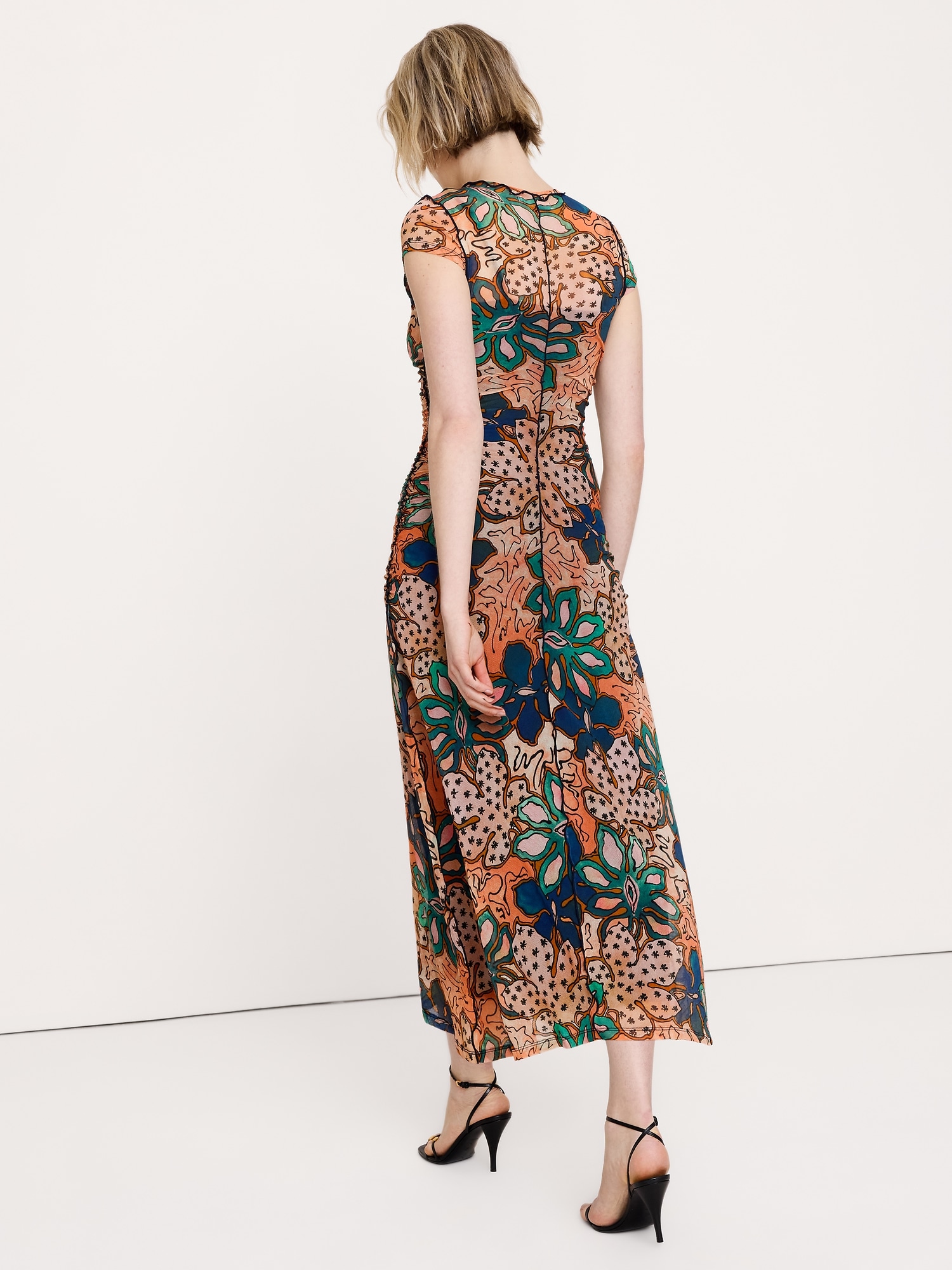 Image number 3 showing, Ruched Mesh Short-Sleeve Midi Dress