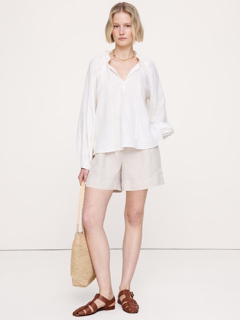 Linen Ruffle-Neck Top