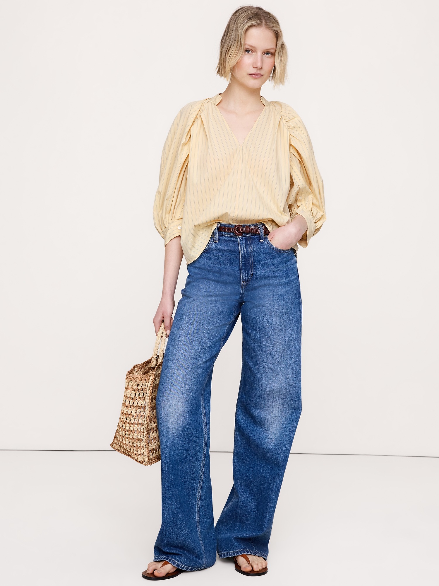 Женский топ Banana Republic Cotton Poplin Split-Neck Top, цвет: Слоновая кость полосатый — фото 3