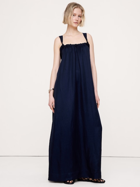 Viscose-Linen Gathered Maxi Dress