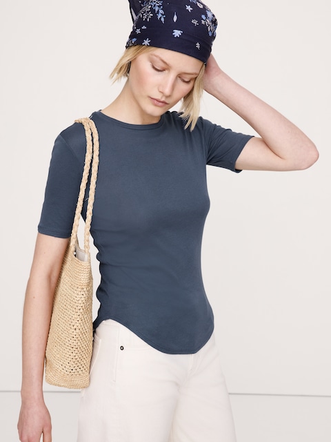 Airy Cotton Elbow-Sleeve T-Shirt