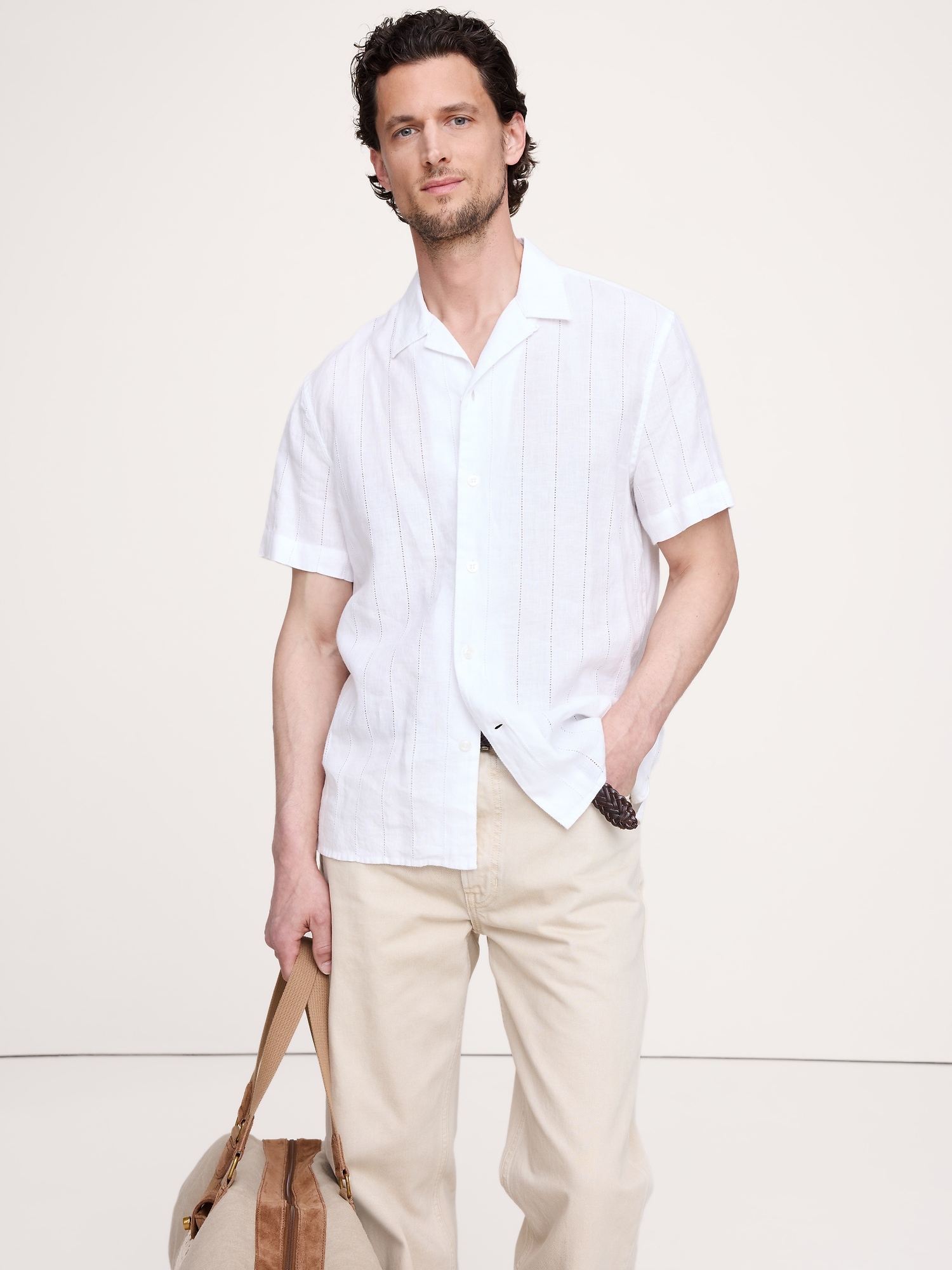 Image number 1 showing, Standard-Fit Linen-Cotton Eyelet Stripe Resort Shirt