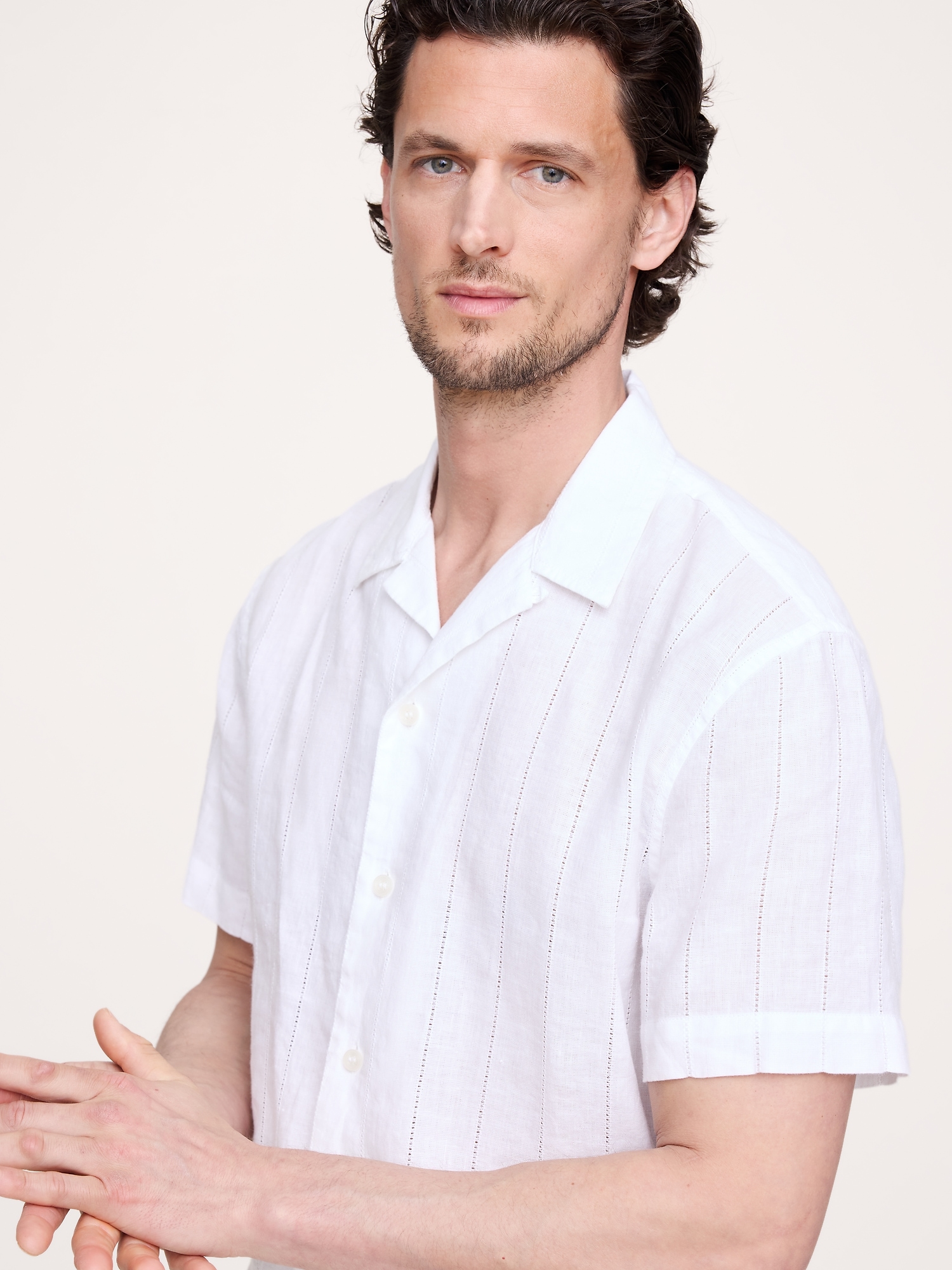 Image number 3 showing, Standard-Fit Linen-Cotton Eyelet Stripe Resort Shirt