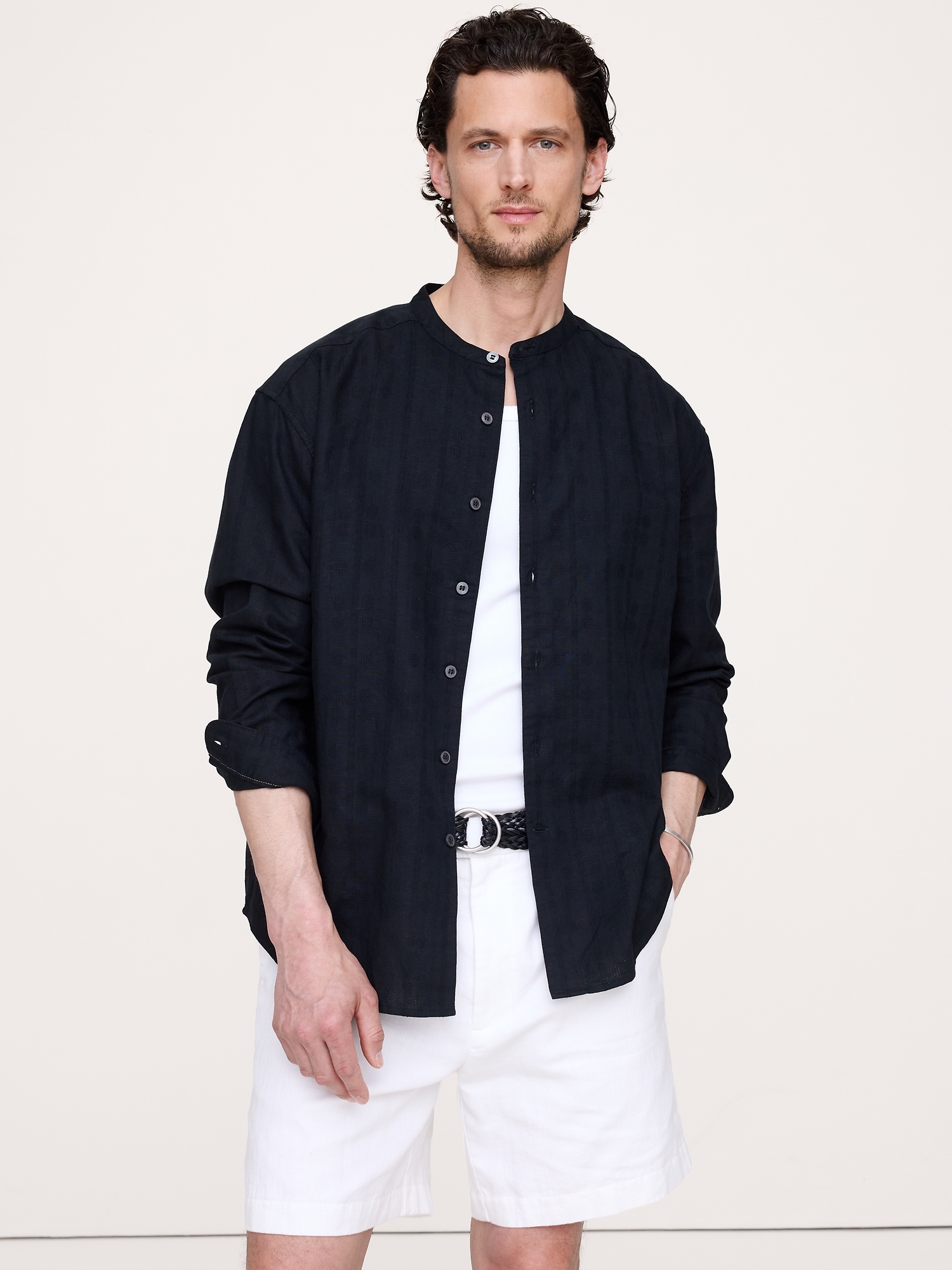 Image number 1 showing, Relaxed-Fit Cotton-Linen Banded-Collar Shirt