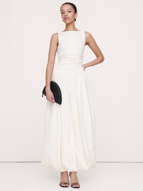 Jersey + Cotton Poplin Bubble-Hem Dress - Merengue Off