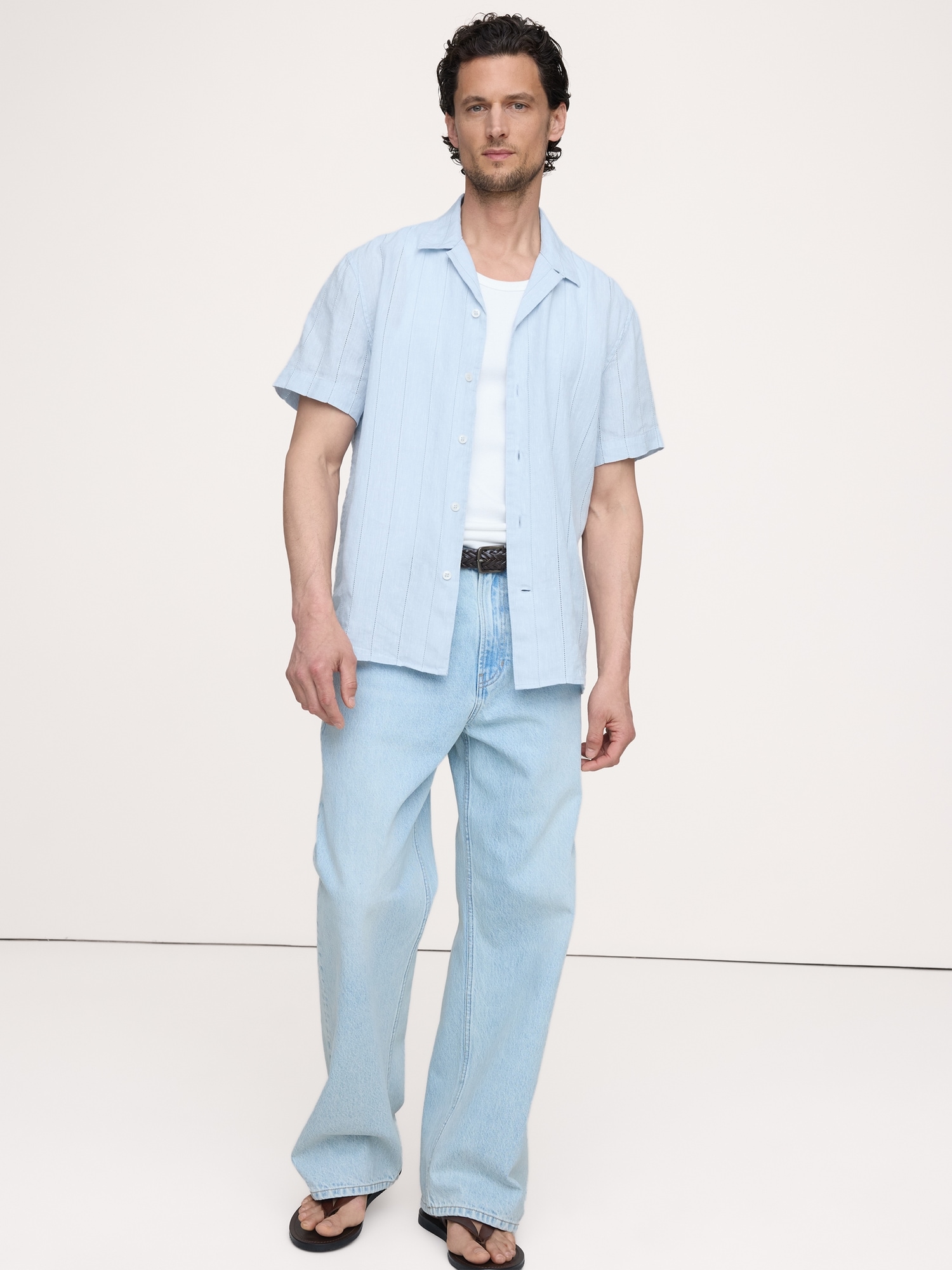 Image number 1 showing, Standard-Fit Linen-Cotton Eyelet Stripe Resort Shirt