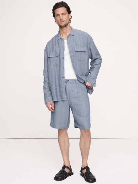 9" Pleated Linen-Cotton Pull-On Short