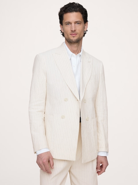 Double-Breasted Italian Cotton-Linen Seersucker Suit Jacket