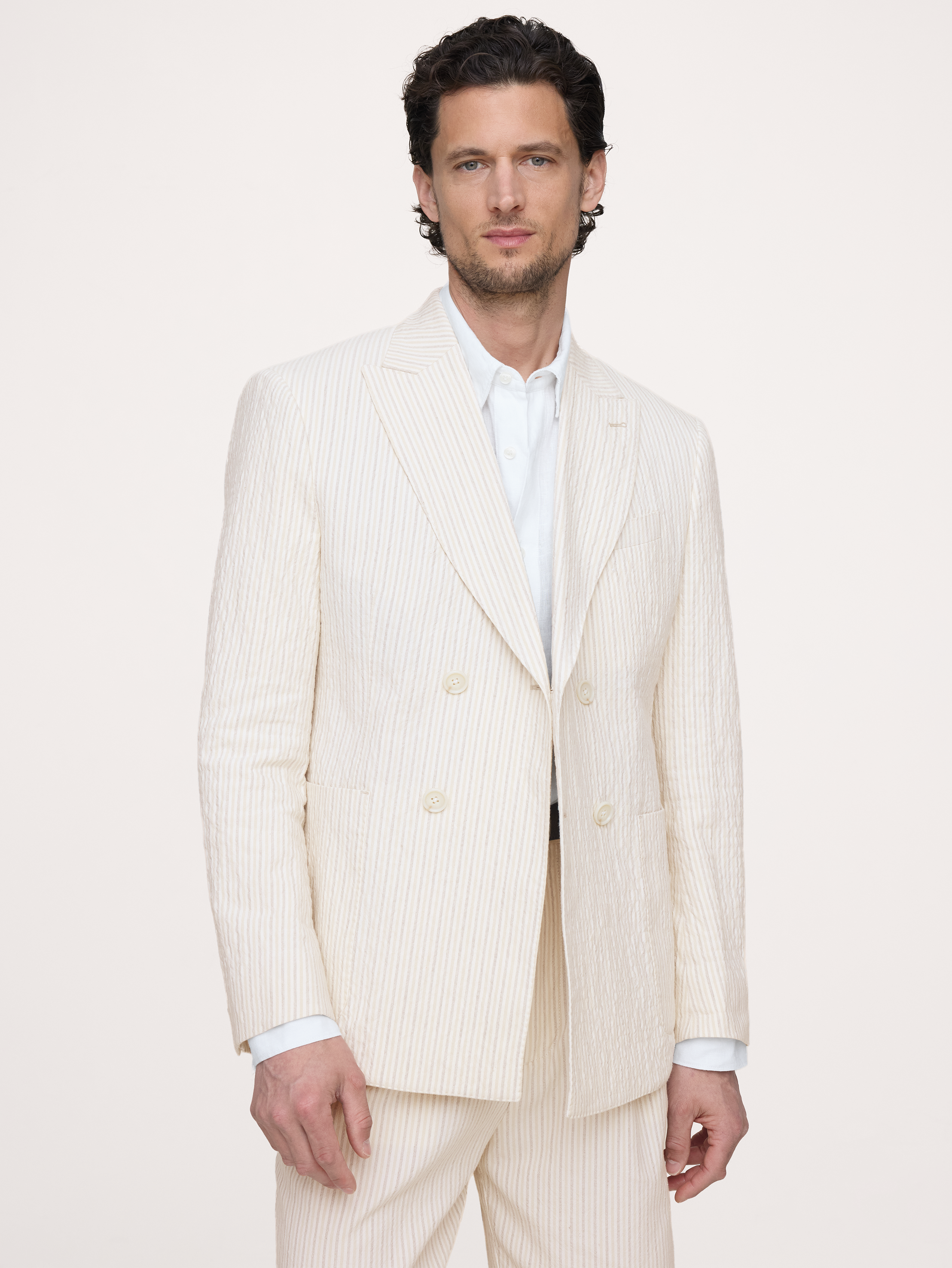 Double-Breasted Italian Cotton-Linen Seersucker Suit Jacket
