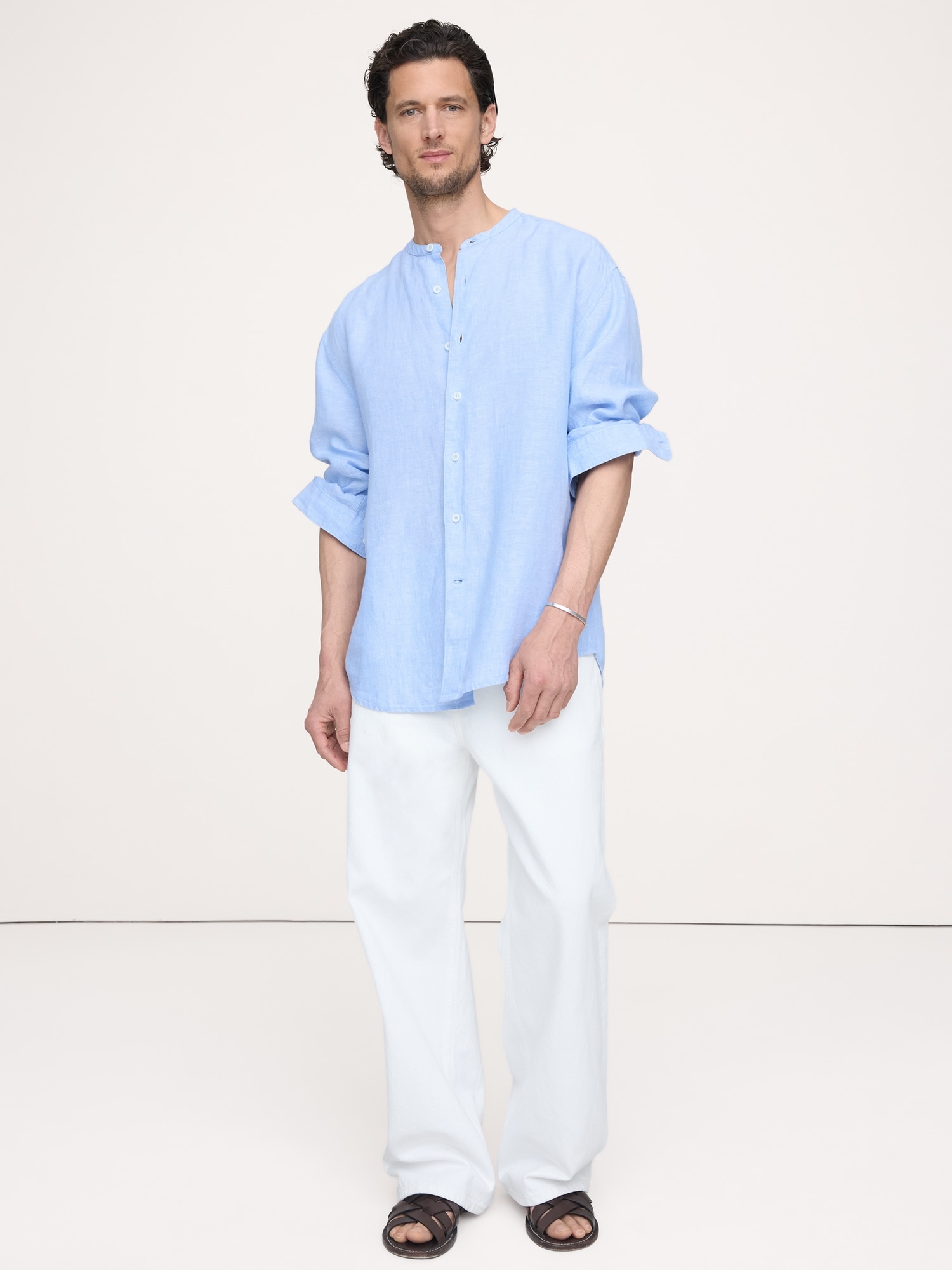Image number 1 showing, Relaxed-Fit Linen Banded-Collar Shirt