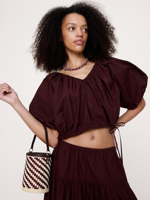 Cotton Poplin Bubble-Hem Cropped Top - Radicchio Burgundy