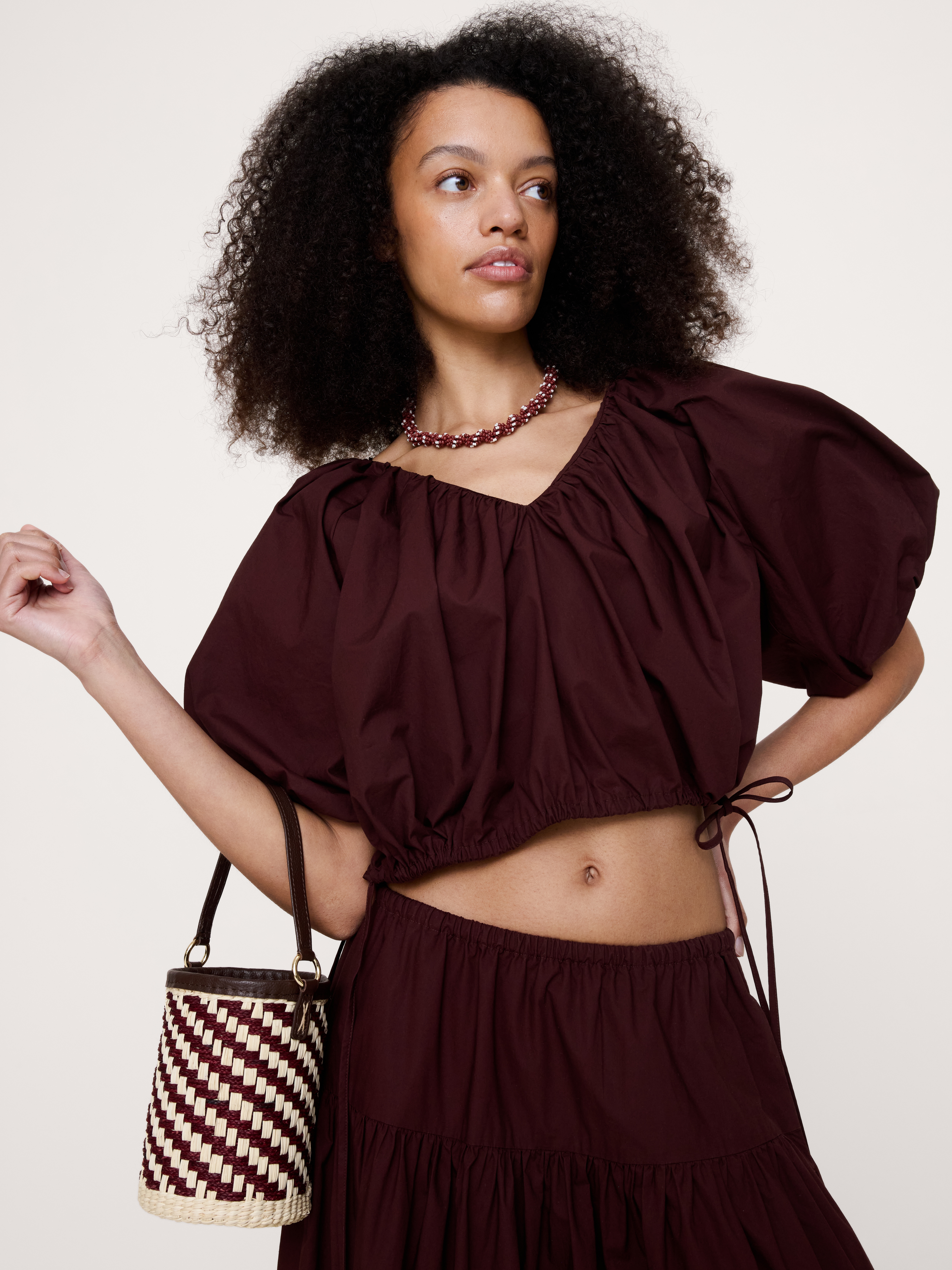 Cotton Poplin Bubble-Hem Cropped Top