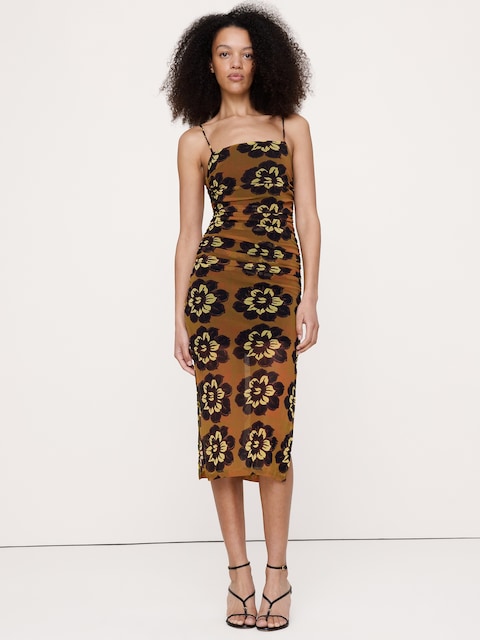 Ruched Mesh Midi Dress