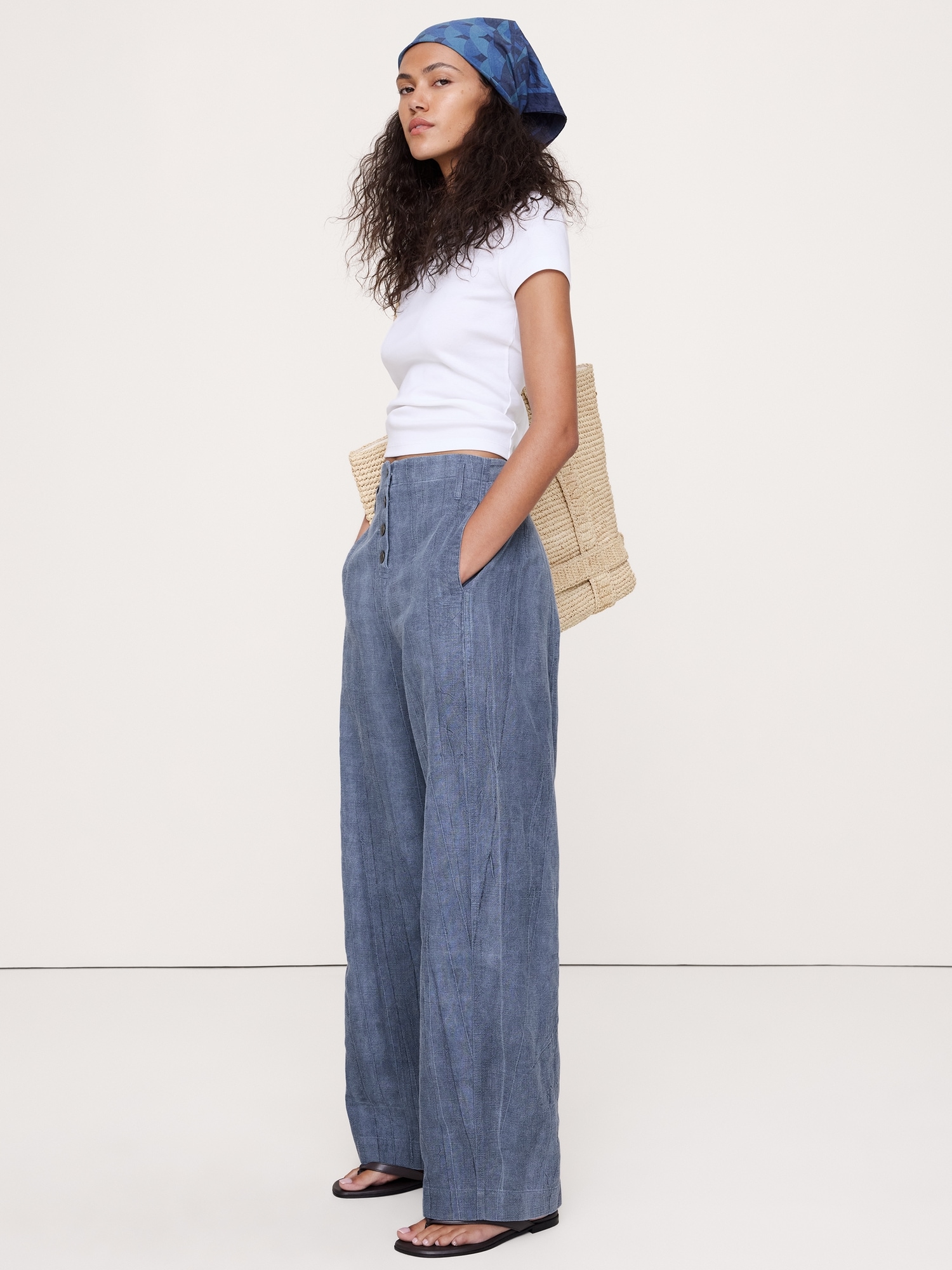 Image number 1 showing, High-Rise Relaxed Barrel Ramie-Cotton Pant