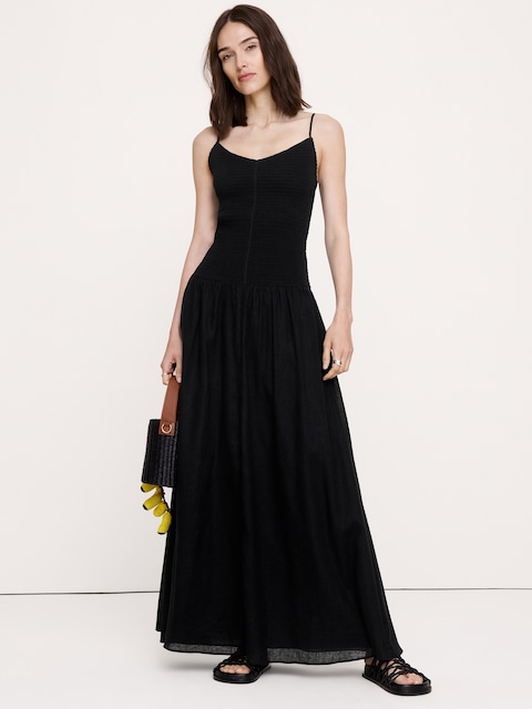 Linen-Cotton Gauze Smocked Maxi Dress