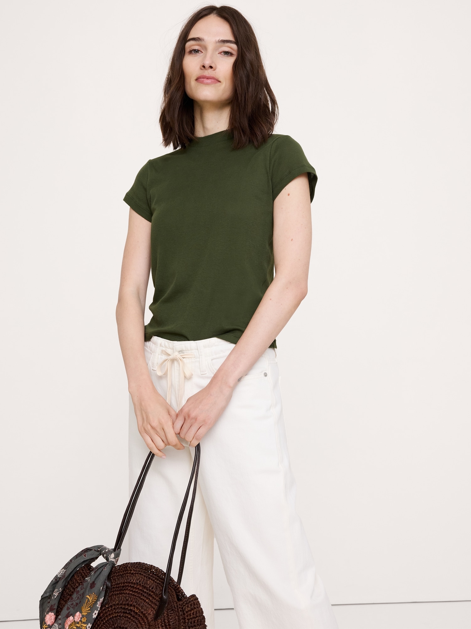 Image number 1 showing, Airy Cotton Mock-Neck T-Shirt