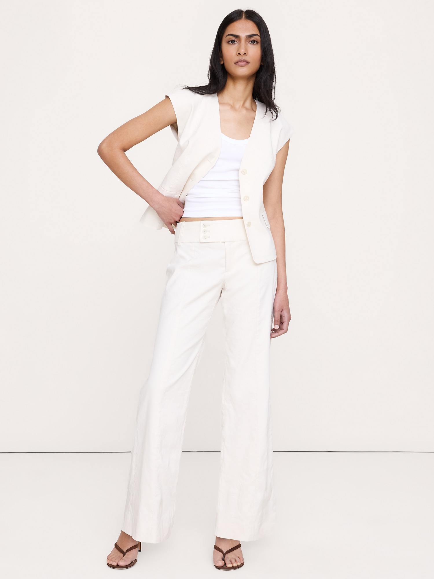 Image number 1 showing, Low-Rise Wide-Leg Stretch Linen-Viscose Pant