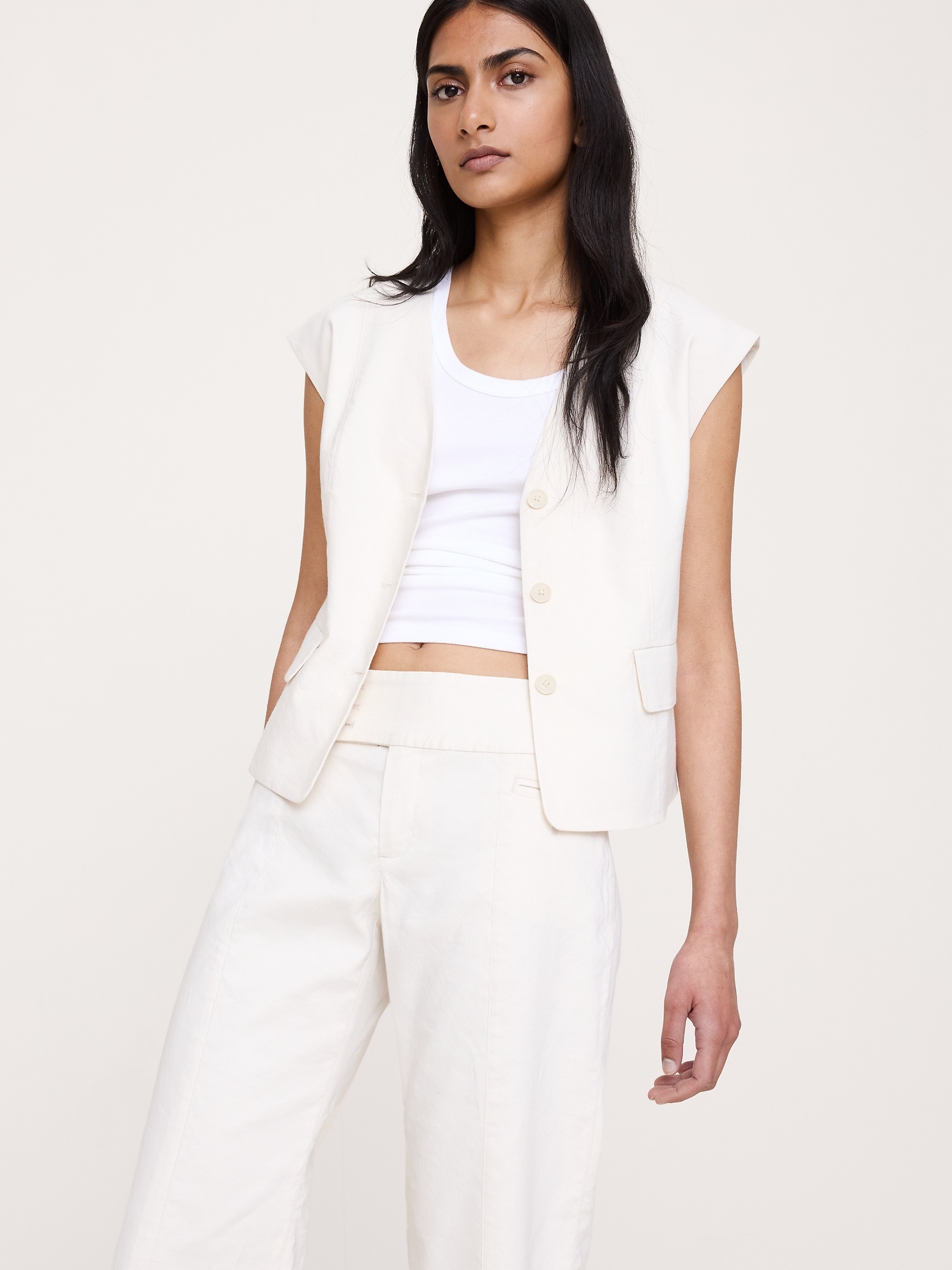 Женские брюки Banana Republic Low-Rise Wide-Leg Stretch Linen-Viscose Pant, цвет: Кремовый белый — фото 3