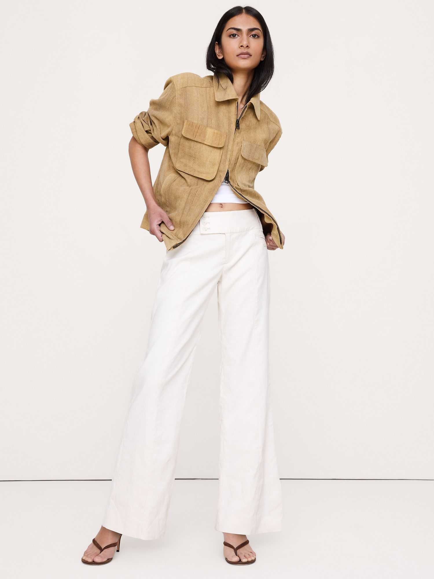 Image number 8 showing, Low-Rise Wide-Leg Stretch Linen-Viscose Pant