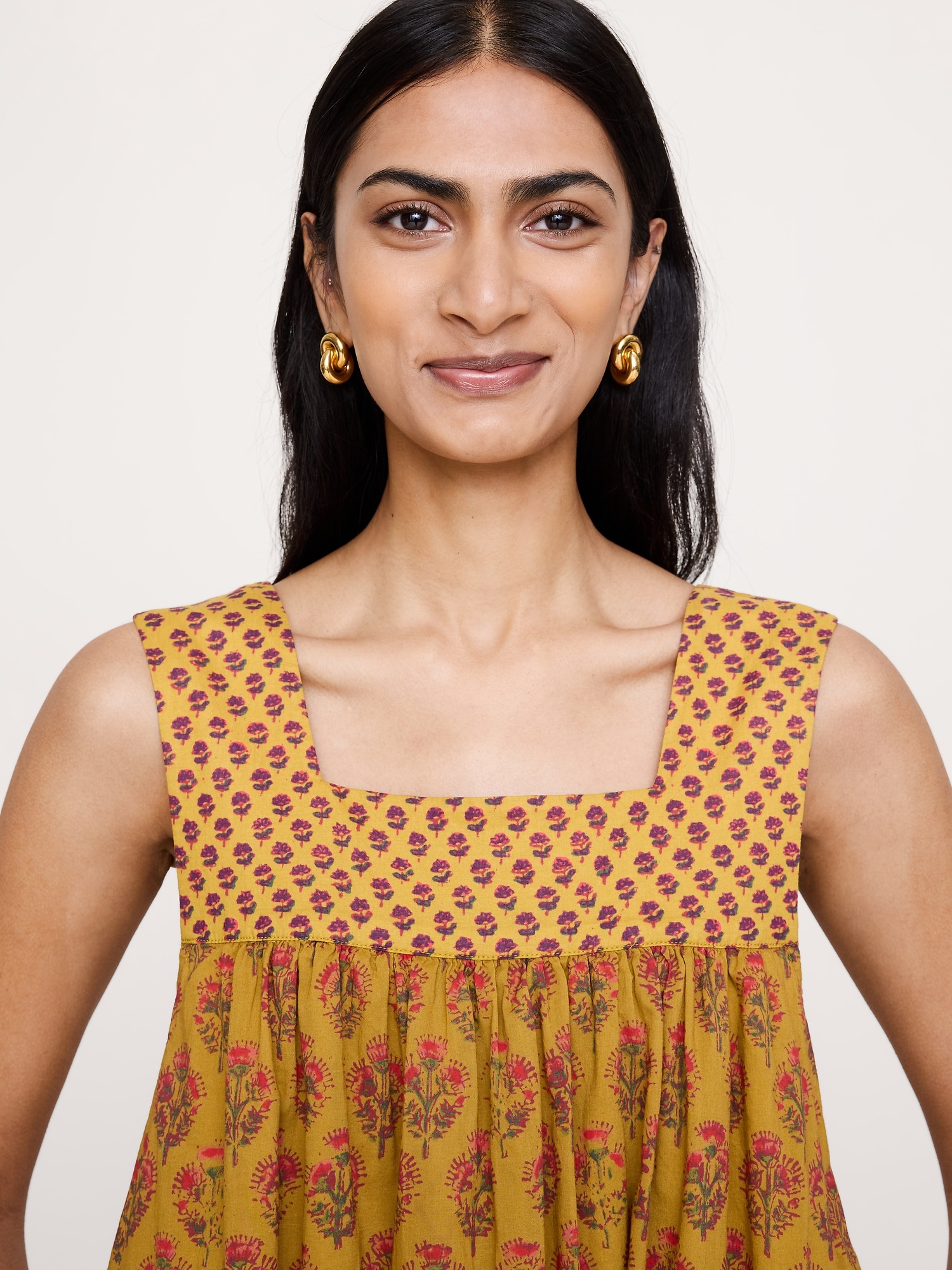 Женское платье Banana Republic Cotton Square-Neck, цвет: Золотой с принтом — фото 3
