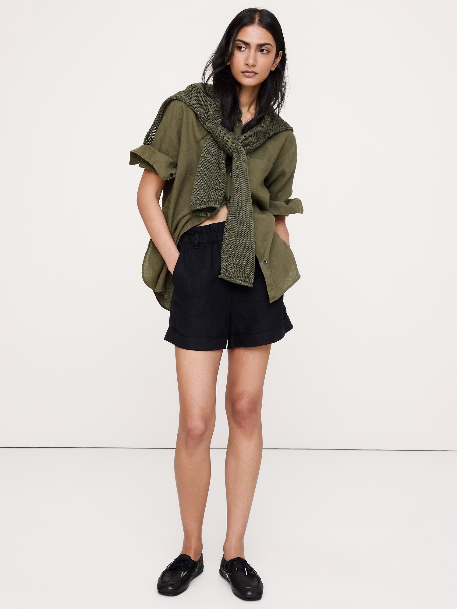 Image number 8 showing, 3.5" Paperbag-Waist Pull-On Linen Short