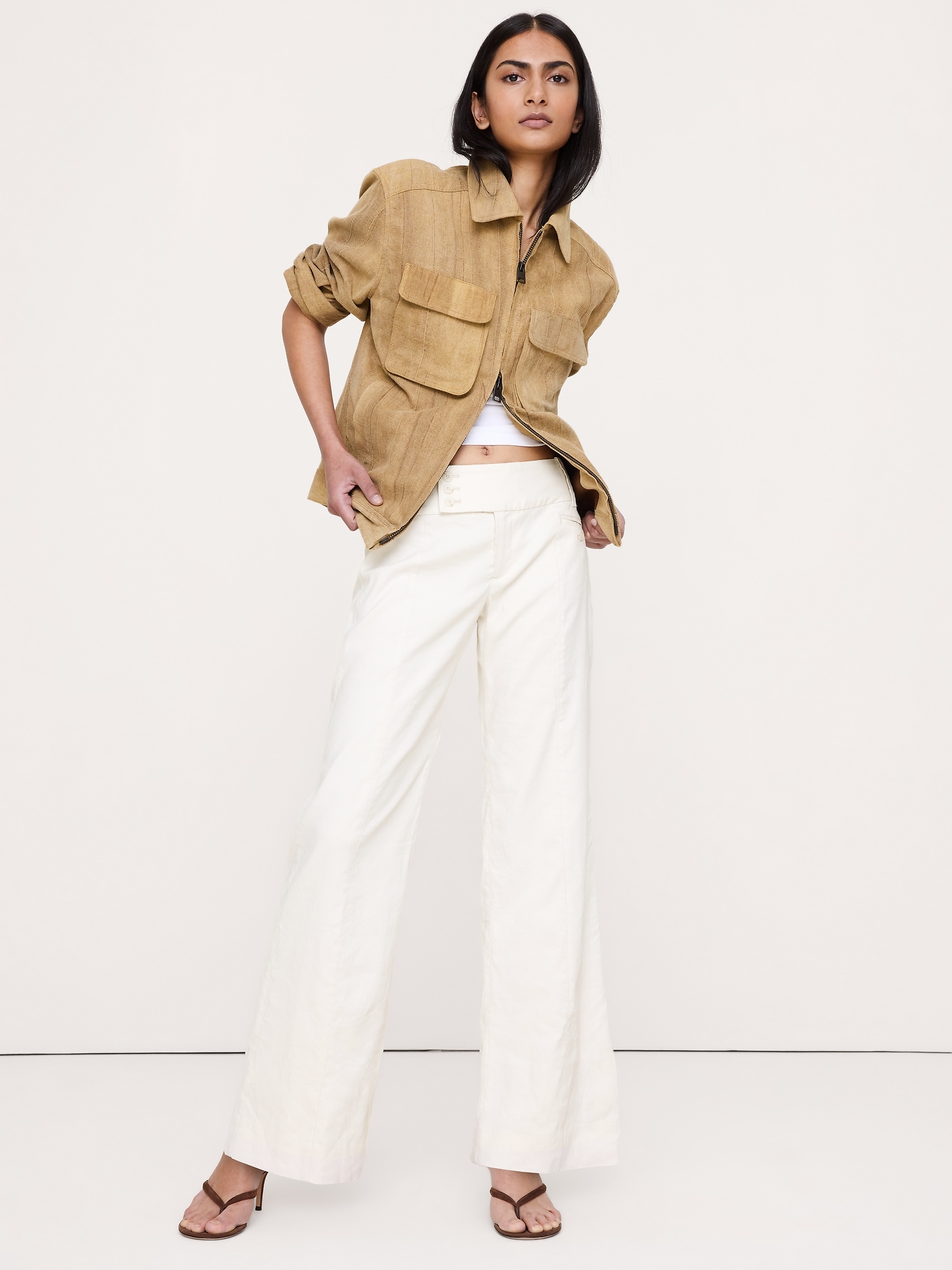 Image number 5 showing, Low-Rise Wide-Leg Stretch Linen-Viscose Pant