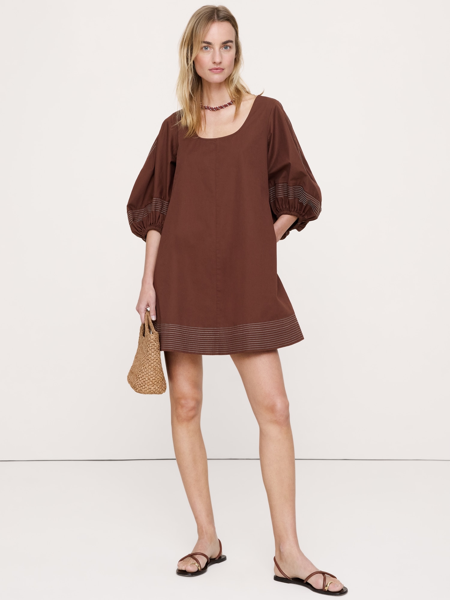 Image number 1 showing, Cotton-Twill Lantern-Sleeve Mini Dress