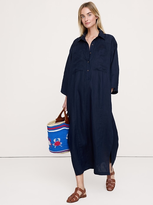 Banana Republic Women's Linen Popover Shirt Dress Navy Blue Size XL/XXL Banana Republic Women's Linen Popover Shirt Dress Navy Blue Size XL/XXL