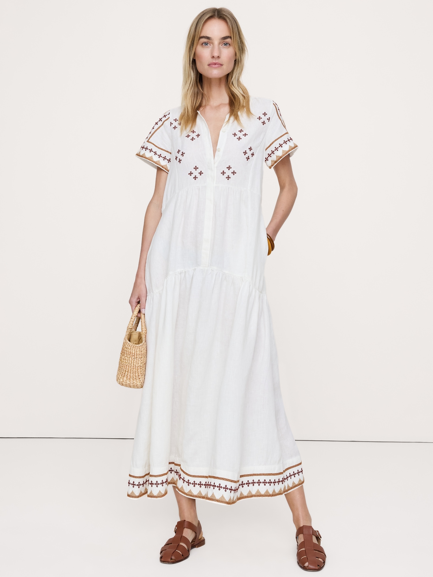 Image number 1 showing, Embroidered Linen Tiered Maxi Dress