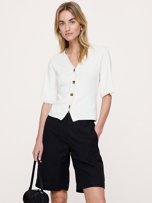 Larkspur Cotton-Silk Short-Sleeve Cardigan | Banana Republic