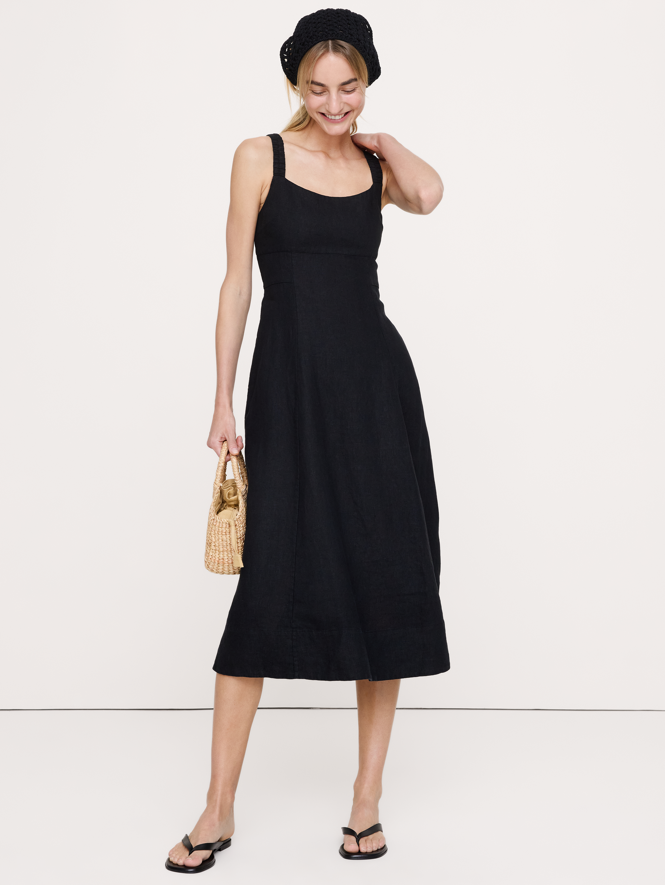 Linen Square-Neck Midi Dress
