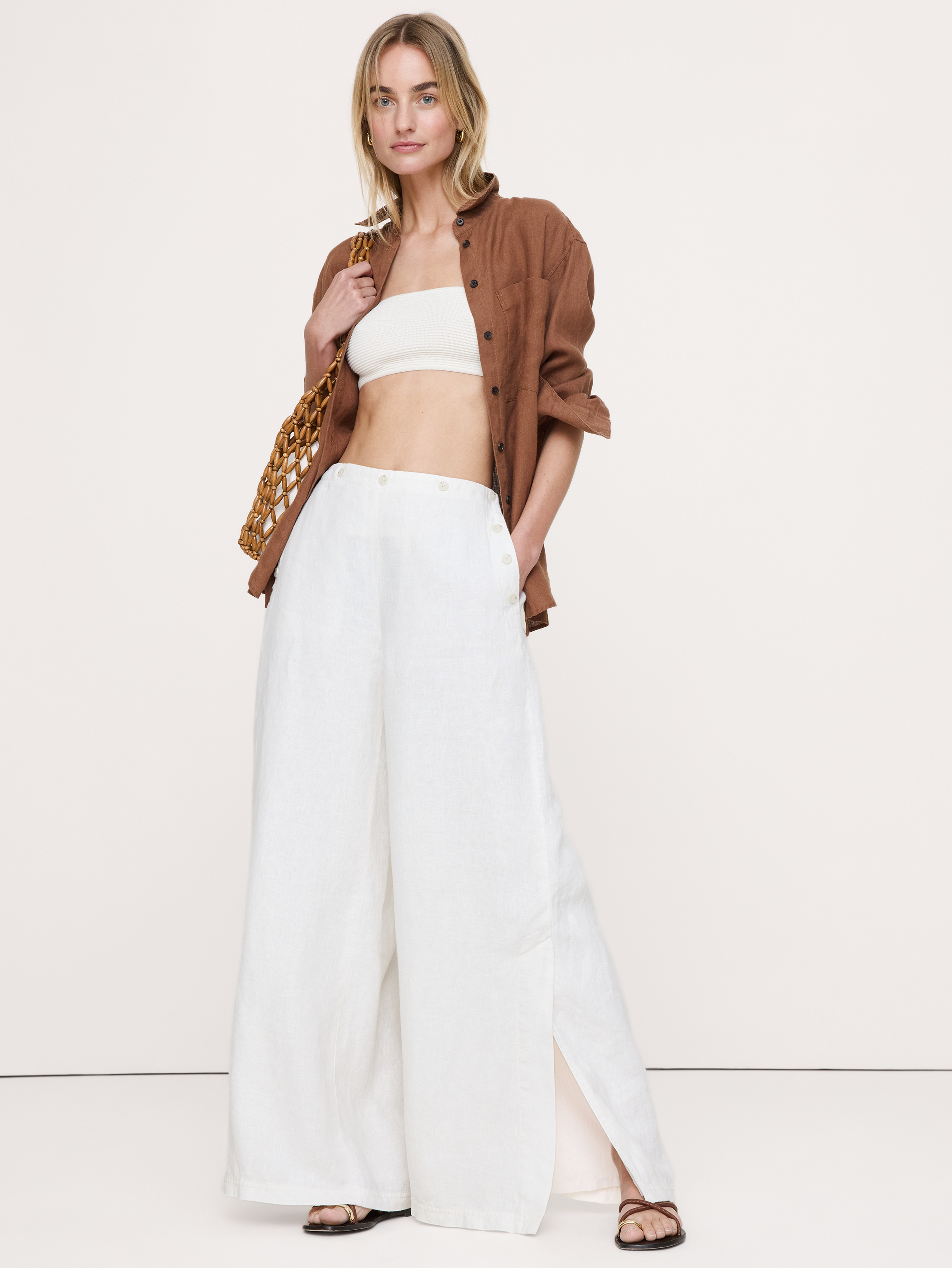 High-Rise Wide-Leg Linen Pull-On Sailor Pant