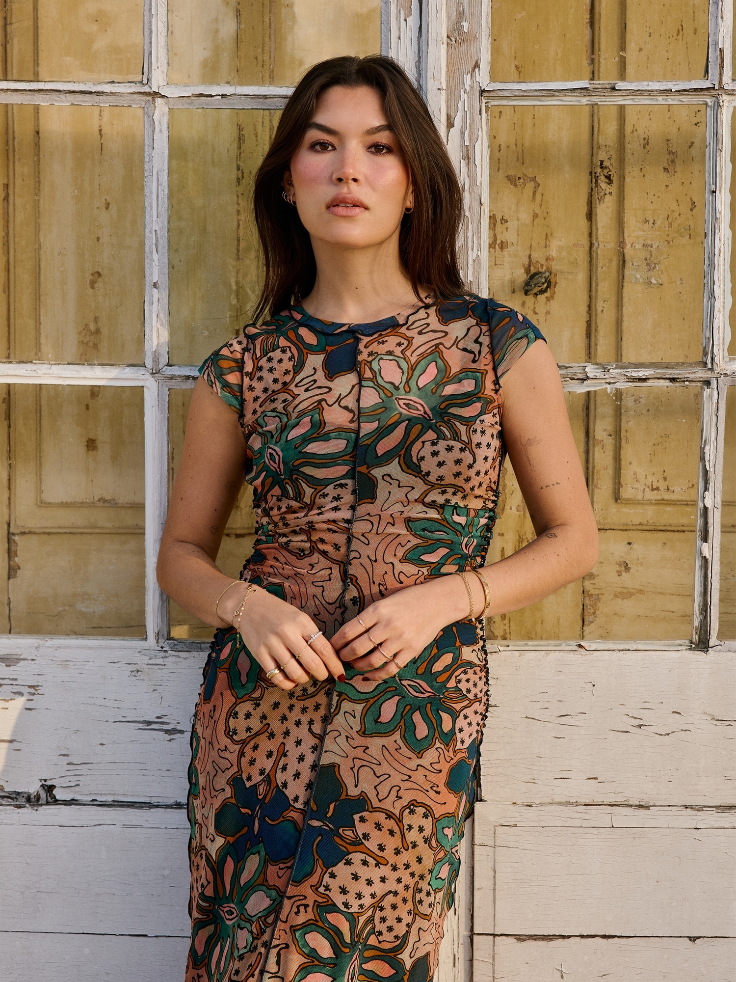 Image number 5 showing, Ruched Mesh Short-Sleeve Midi Dress