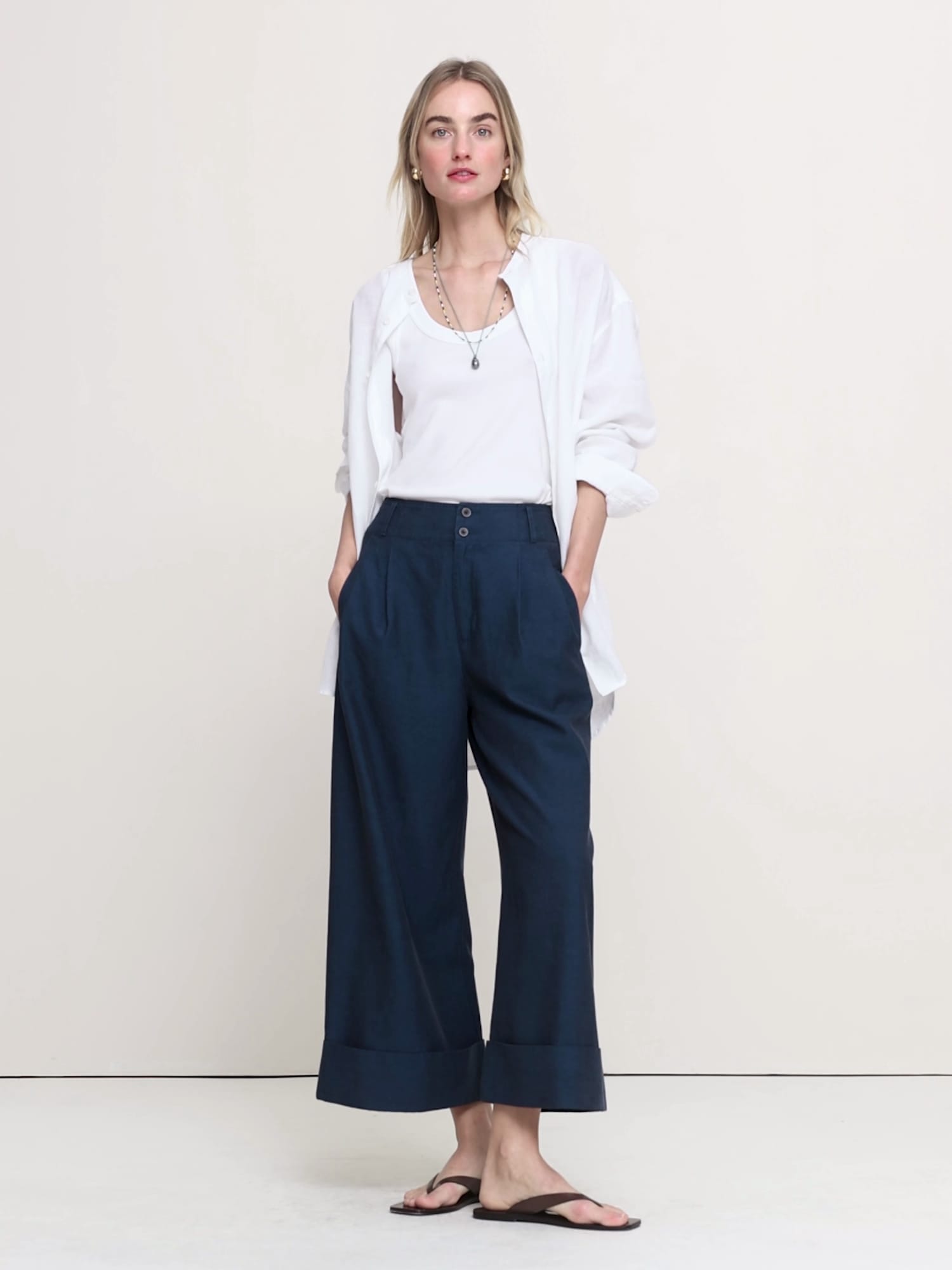 High-Rise Wide-Leg TENCEL-Cotton-Linen Cropped Pant - thumbnail 6