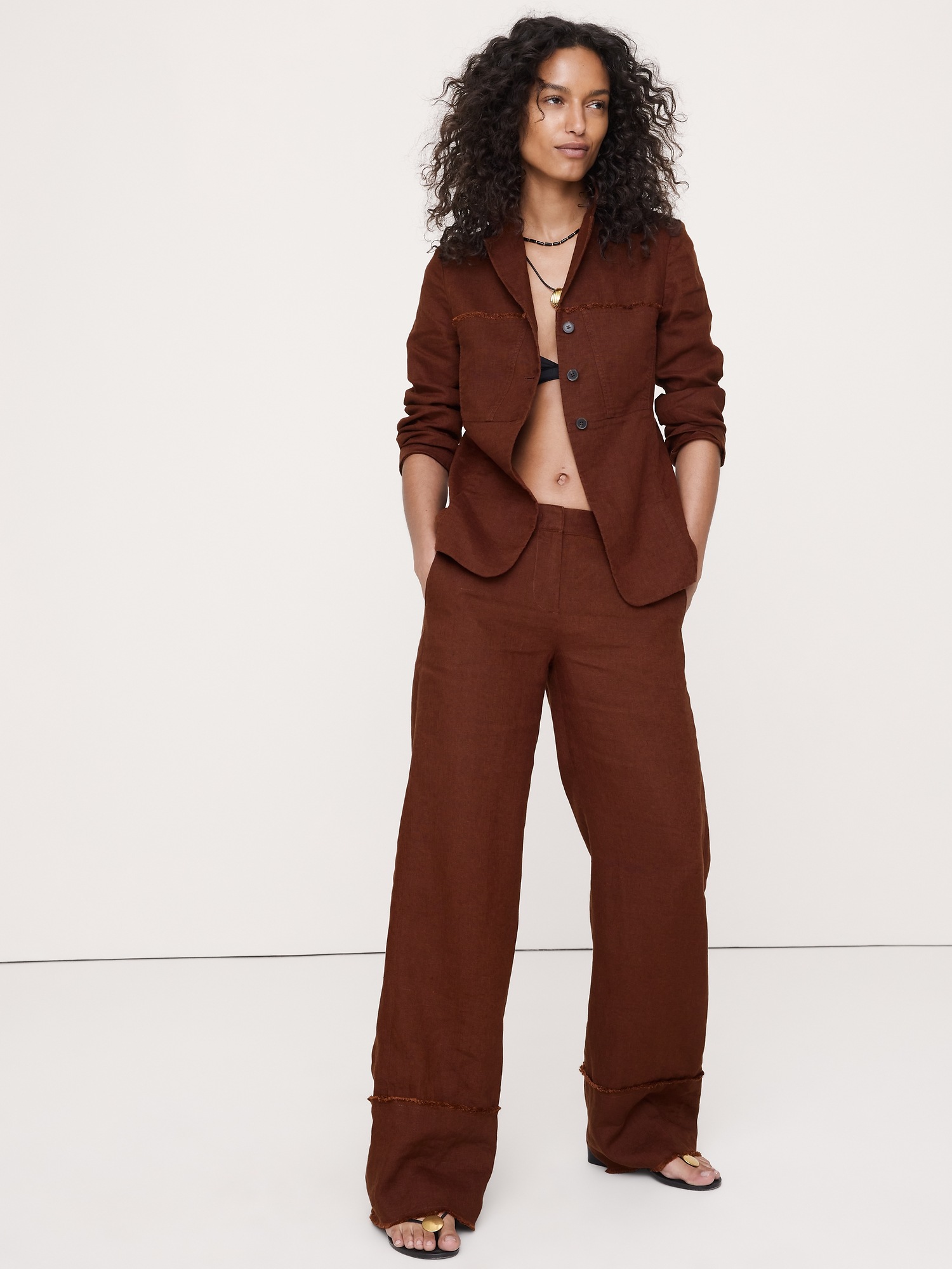 Женские брюки Banana Republic The Everyday Wide-Leg Pant in Fringe-Hem Linen, цвет: Шоколадный коричневый