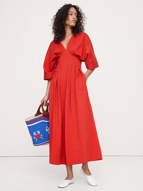 Stretch-Cotton Pleated Maxi Dress