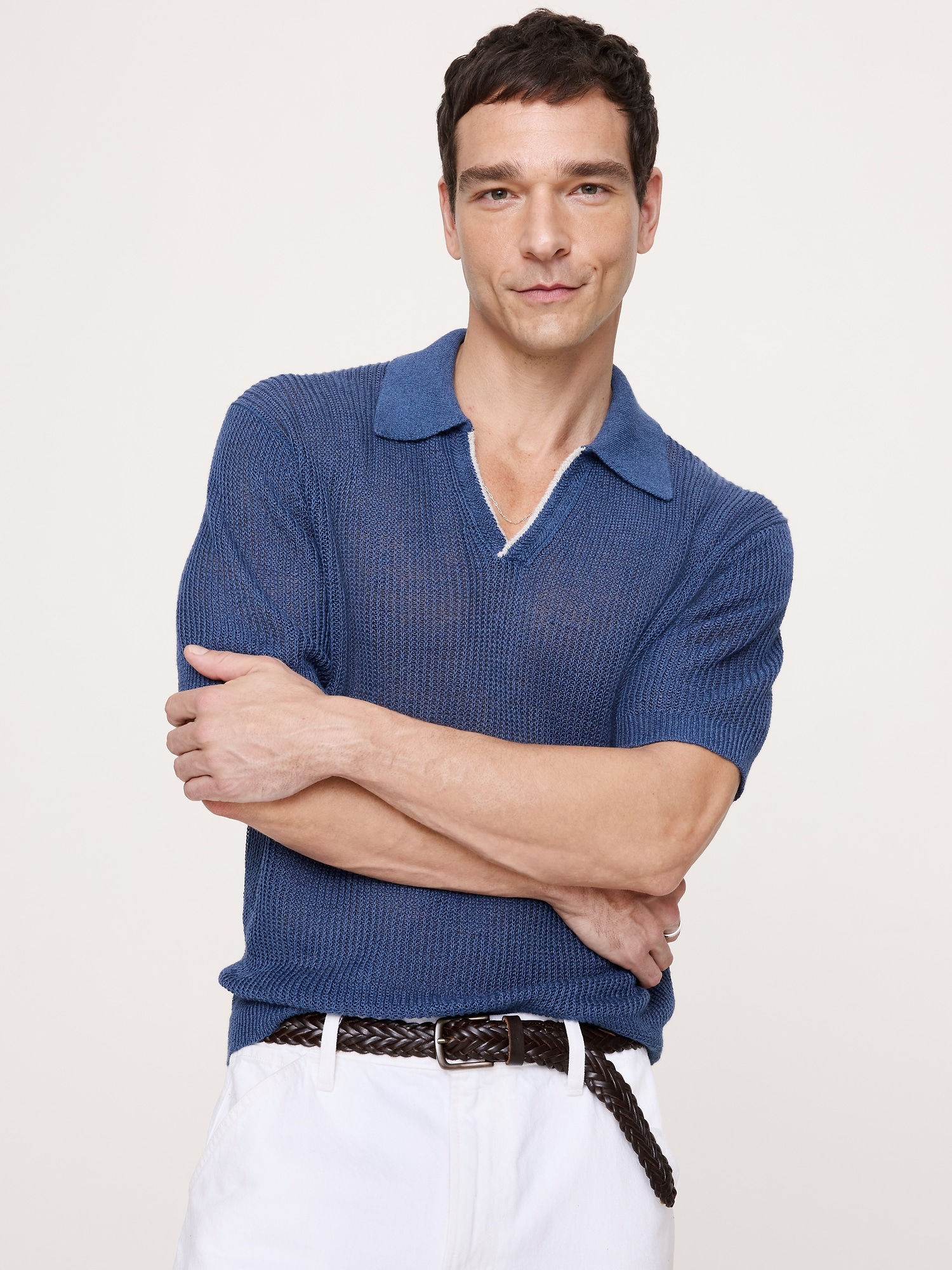 Image number 1 showing, Linen-Cotton Johnny-Collar Sweater Polo