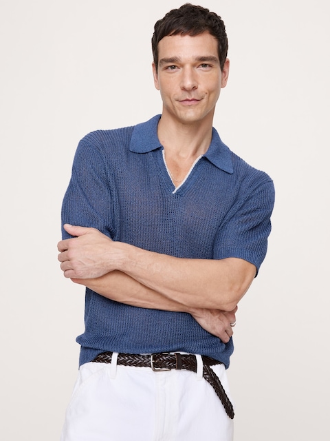 Linen-Cotton Johnny-Collar Sweater Polo