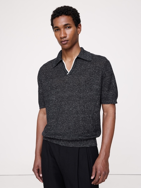 Linen-Cotton Johnny-Collar Sweater Polo