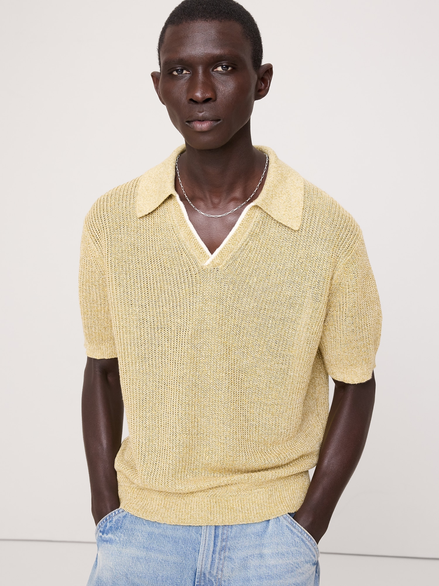 Image number 1 showing, Linen-Cotton Johnny-Collar Sweater Polo