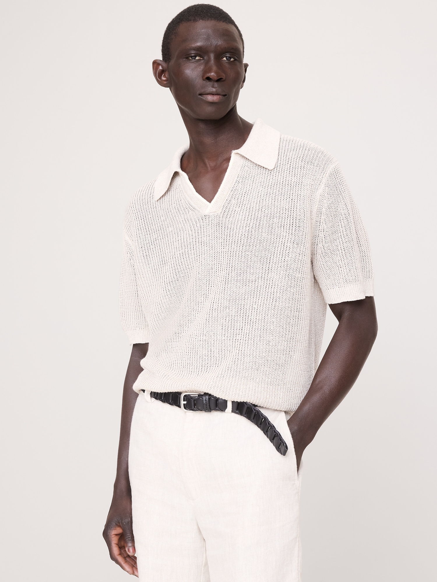 Image number 1 showing, Linen-Cotton Johnny-Collar Sweater Polo