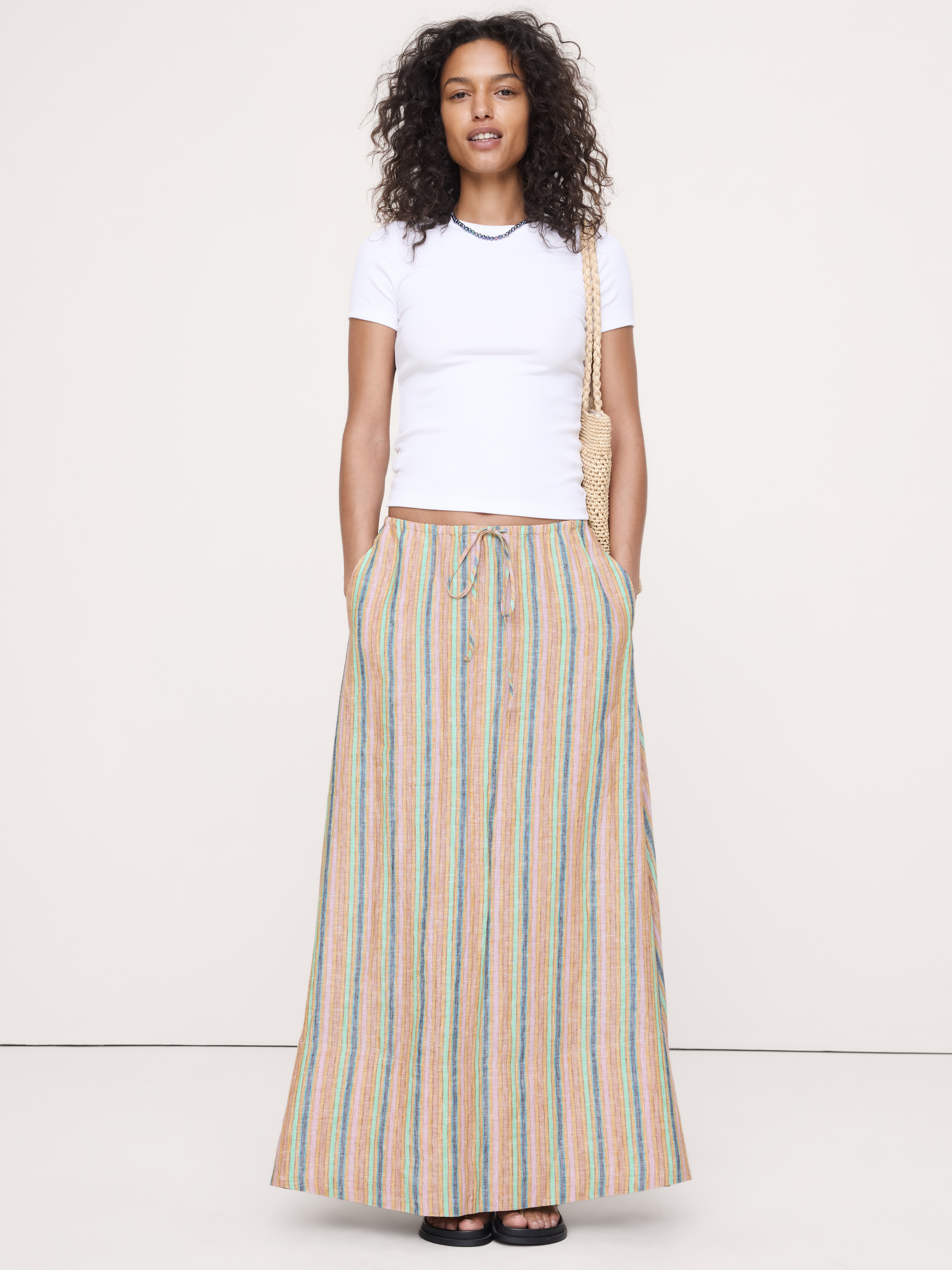 Linen Drawstring Maxi Skirt